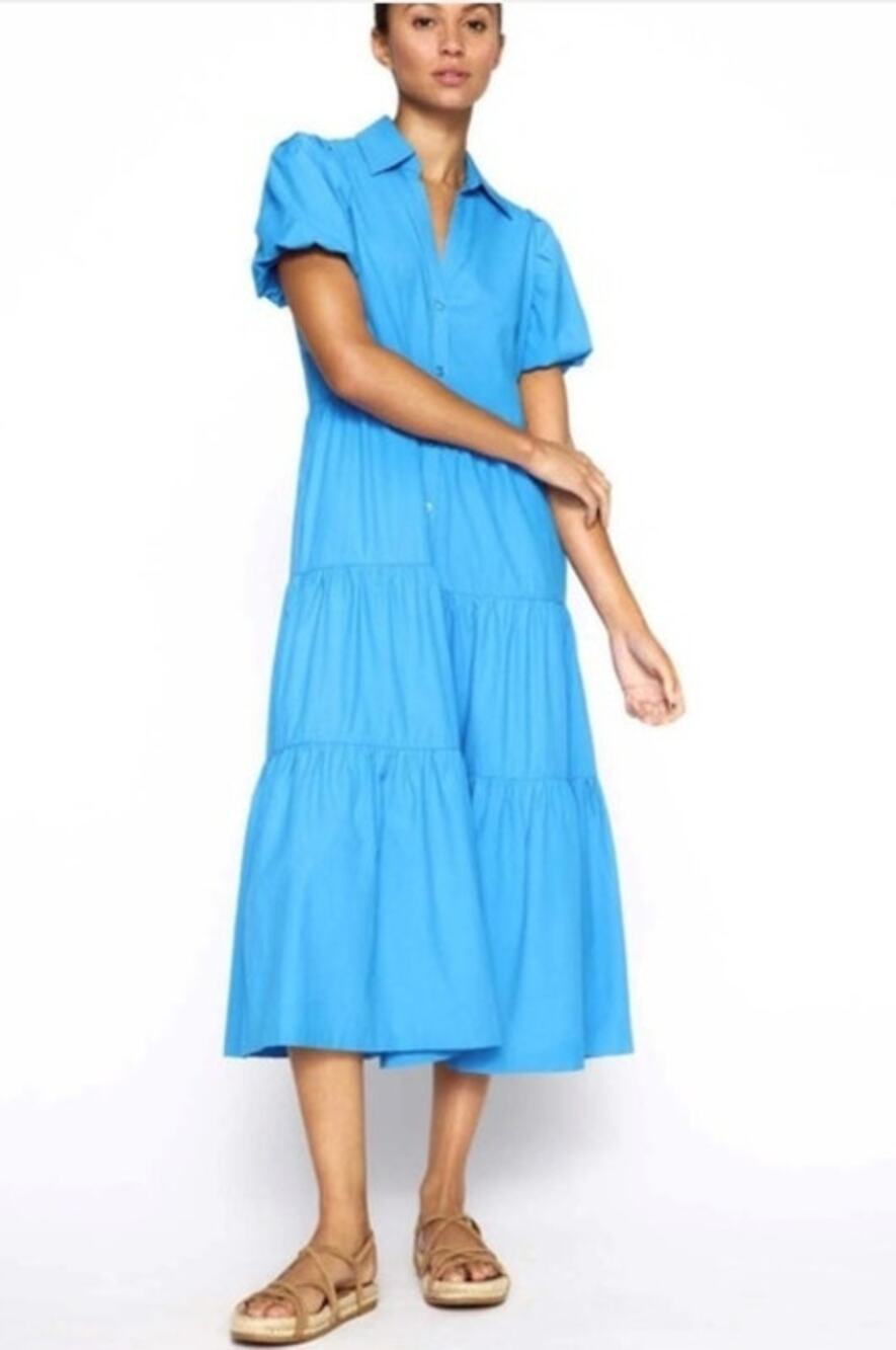 Brochu Walker Havana Blue Tiered Puff Sleeve Midi Dress Coastal Cottage Size Med